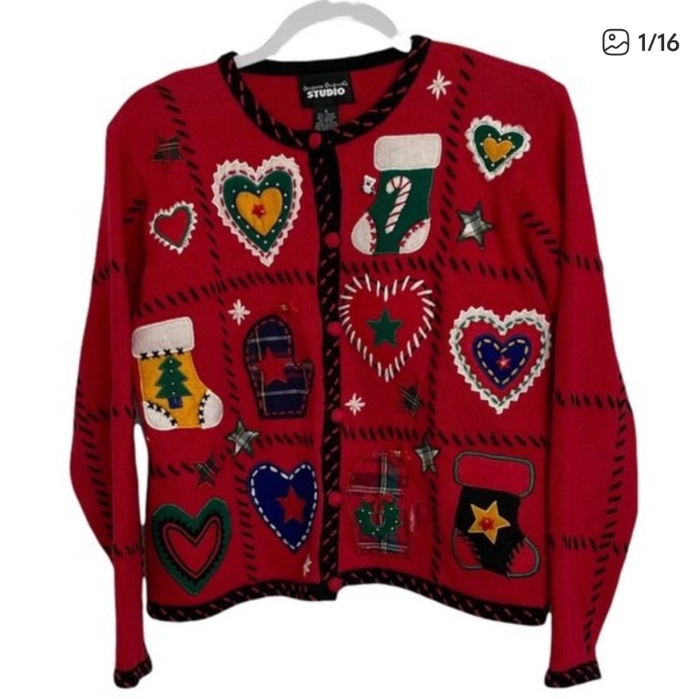 Vintage Designer Originals Christmas Cardigan Festive Red Button Up Charms Small